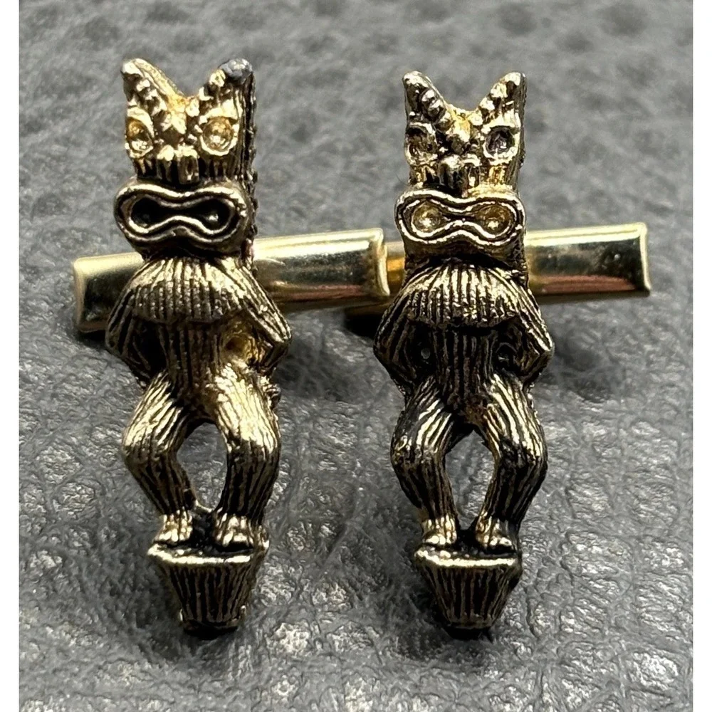 Vintage Rare Tiki Cufflinks MCM Era Gold Tone